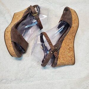 Ugg D'Alessio Suede Leather Brown Cork Platform Wedge Slingback Sandal Women 7.5